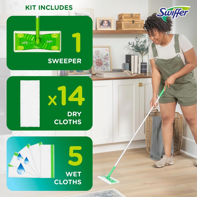 Swiffer مجموعة مسح وتنظيف الأرضيات 2 في 1 من سويفر، مجموعة متعددة الأسطح لتنظيف الأرضيات، تتضمن 1 ممسحة، 14 قطعة قماش جافة للتنظيف، 5 قطع قماش مبللة للمسح - Image 5