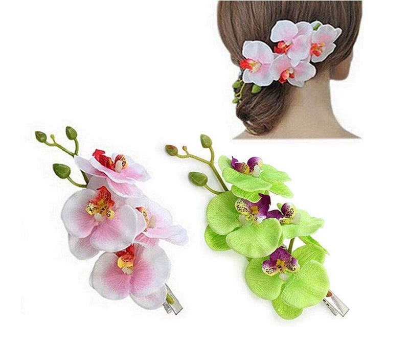 2PCS Hawaiian Orchid Flower Hair Clips Flowers Alligator Clips Hairpins Holiday Travel Wedding Decoration Hair Accessories For Women Lady Bridal White Green