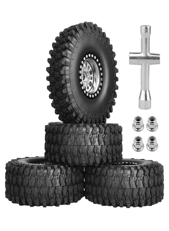 AllinRC 1.9 Beadlock Wheels and Tires 1.9 Mud Tires for Axial SCX10 90046 SCX10 II Traxxas TRX-4 Redcat Gen 8 1/10 RC Crawler (Silver) - Image 1