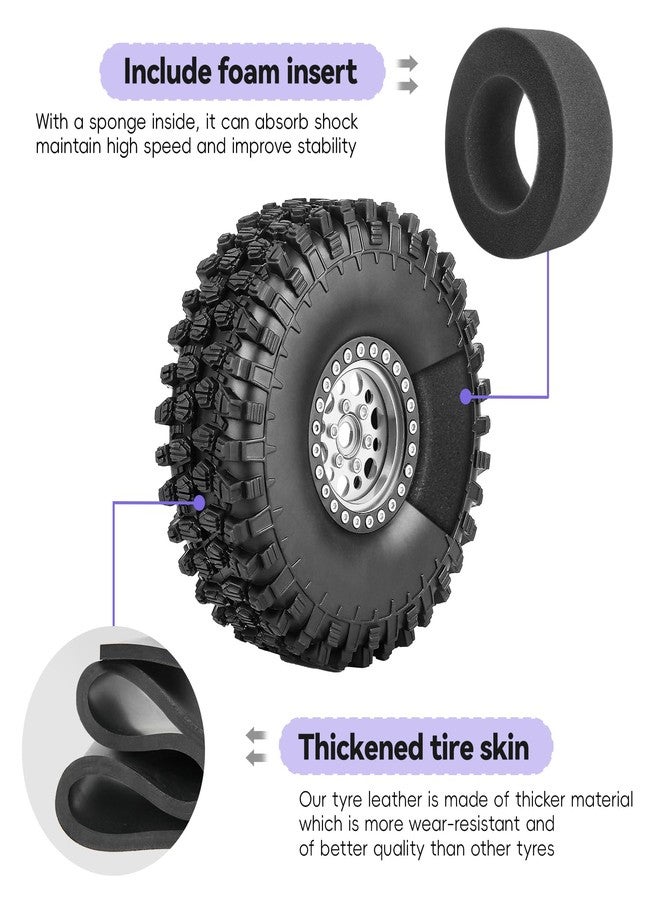 AllinRC 1.9 Beadlock Wheels and Tires 1.9 Mud Tires for Axial SCX10 90046 SCX10 II Traxxas TRX-4 Redcat Gen 8 1/10 RC Crawler (Silver) - Image 4