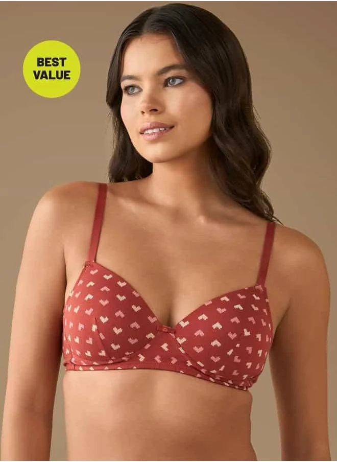 فاف All-Over Heart Print Padded Support Bra with Hook and Eye Closure