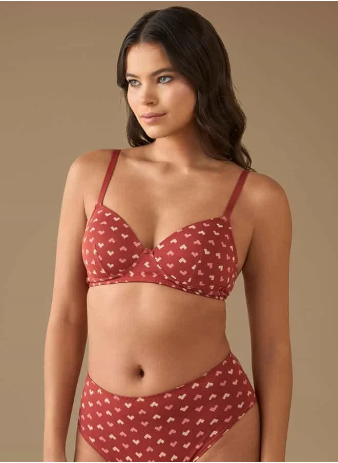 فاف All-Over Heart Print Padded Support Bra with Hook and Eye Closure