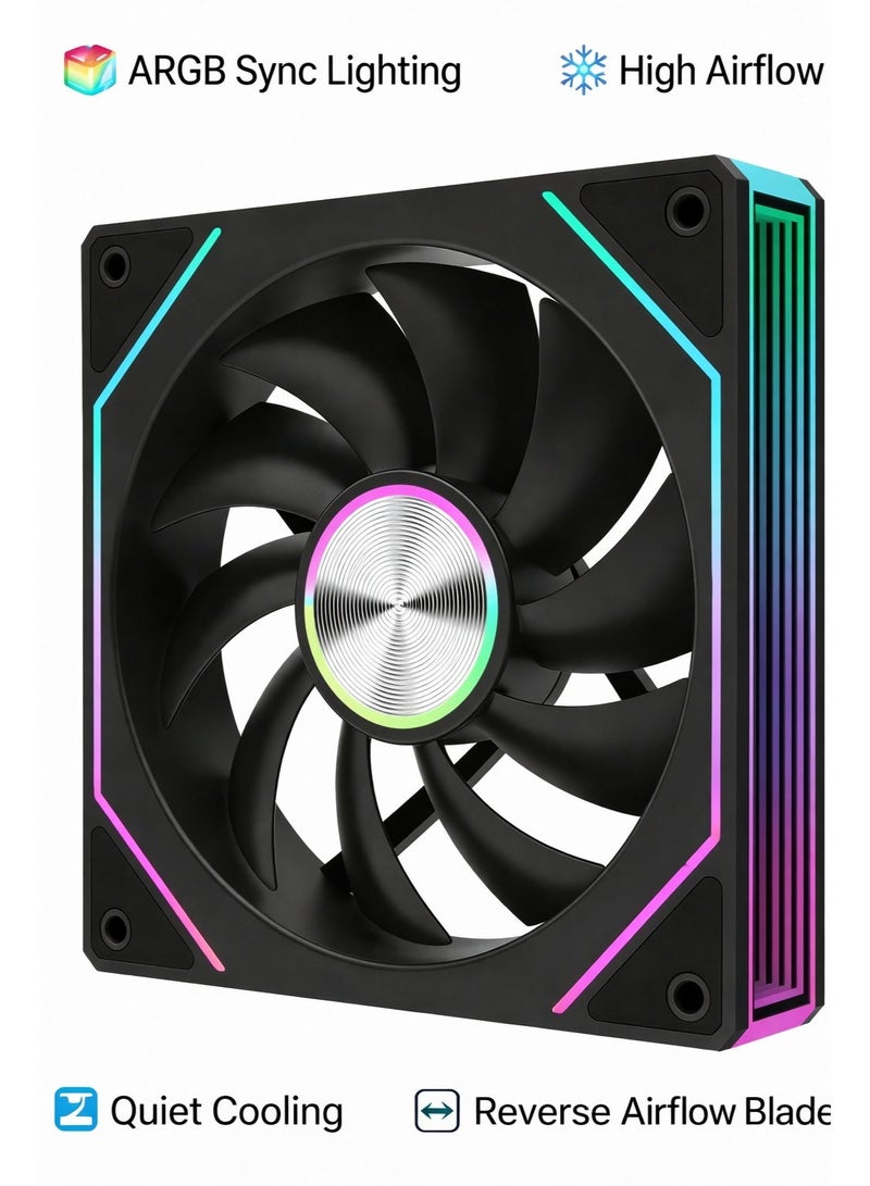 باور مروحة تبريد كمبيوتر مقاس 120 مم بتقنية ARGB RGB PWM وتدفق هواء عكسي (عبوة واحدة) - مروحة هادئة وعالية التدفق للهواء، مناسبة لحافظات الكمبيوتر والمبردات، وتدعم مزامنة 5 فولت ثلاثية الأطراف. - Image 2