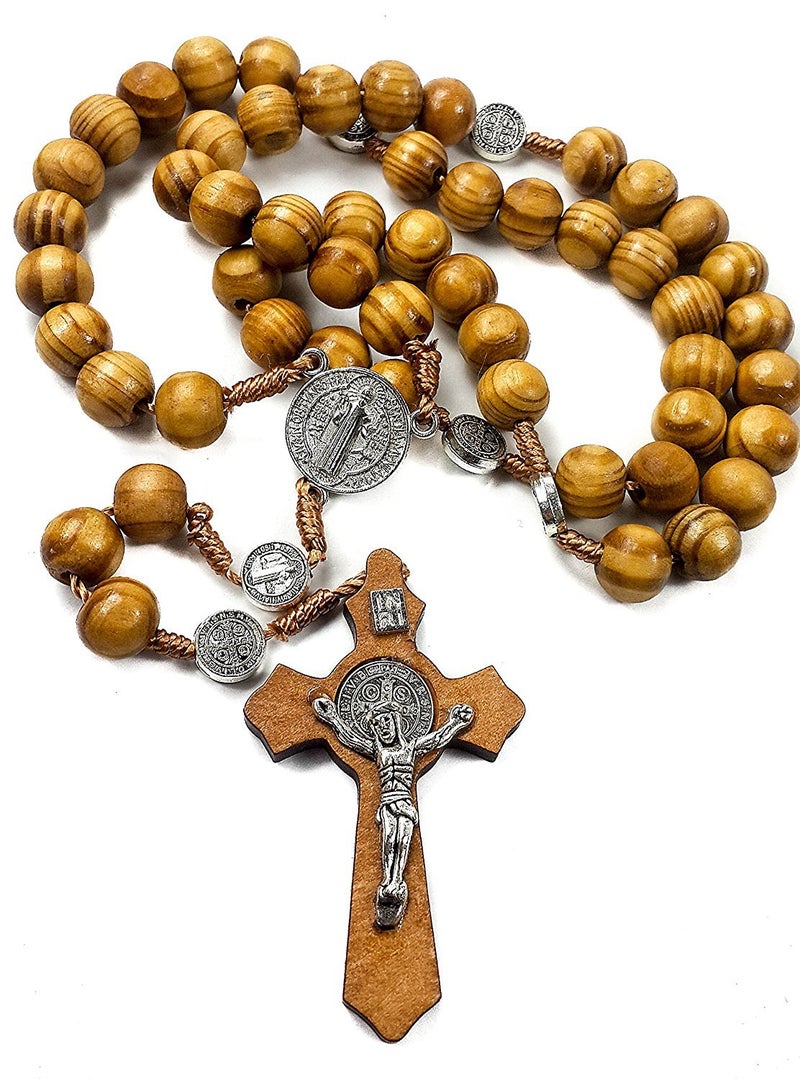 Nazareth Store Nazareth Store Wood Beads Rosary Necklace Saint Benedict Medal & Catholic Cross Religious Prayer Chaplet String Handmade - Velvet Bag  - Image 1