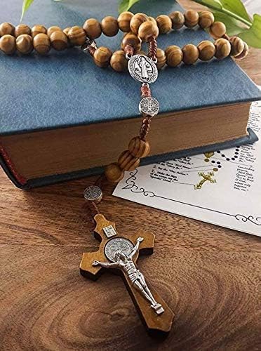 Nazareth Store Nazareth Store Wood Beads Rosary Necklace Saint Benedict Medal & Catholic Cross Religious Prayer Chaplet String Handmade - Velvet Bag  - Image 2