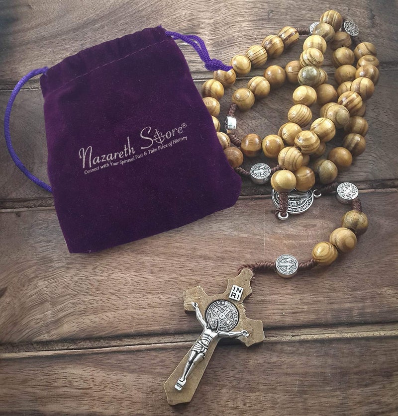 Nazareth Store Nazareth Store Wood Beads Rosary Necklace Saint Benedict Medal & Catholic Cross Religious Prayer Chaplet String Handmade - Velvet Bag  - Image 3