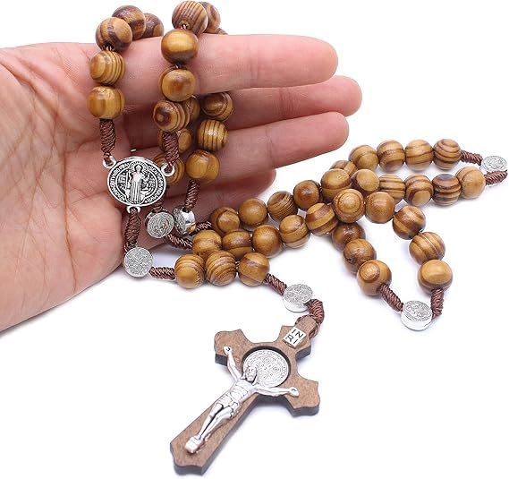 Nazareth Store Nazareth Store Wood Beads Rosary Necklace Saint Benedict Medal & Catholic Cross Religious Prayer Chaplet String Handmade - Velvet Bag  - Image 4