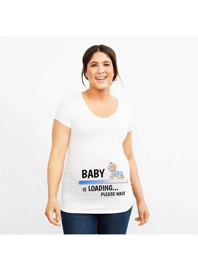 We Happy - Women Maternity Cotton T Shirt - Cartoon Printed Baby is Loading Short Sleeve Round Neck Breathable Pregnancy Casual White Shirt - Image 1