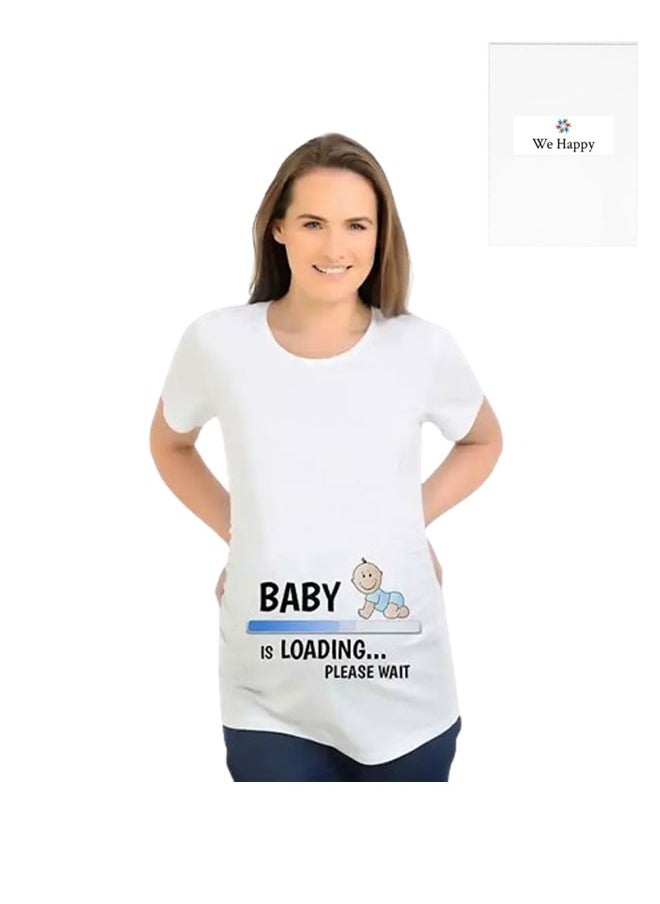 We Happy - Women Maternity Cotton T Shirt - Cartoon Printed Baby is Loading Short Sleeve Round Neck Breathable Pregnancy Casual White Shirt - Image 1