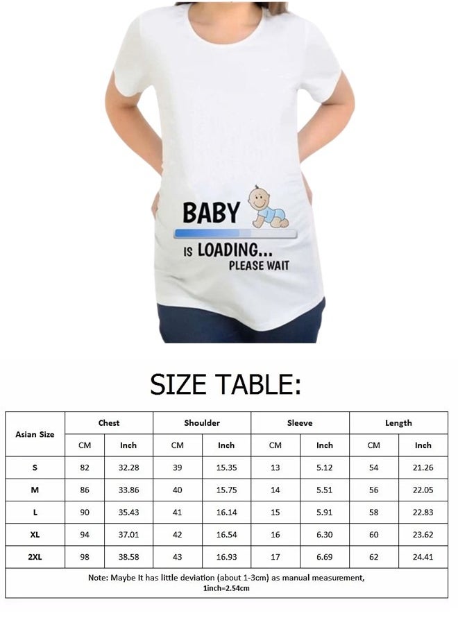 We Happy - Women Maternity Cotton T Shirt - Cartoon Printed Baby is Loading Short Sleeve Round Neck Breathable Pregnancy Casual White Shirt - Image 1