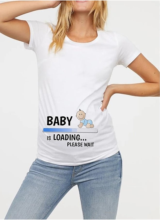 We Happy - Women Maternity Cotton T Shirt - Cartoon Printed Baby is Loading Short Sleeve Round Neck Breathable Pregnancy Casual White Shirt - Image 1