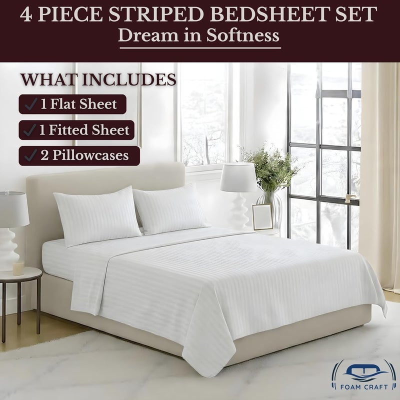 FOAM CRAFT FOAMCRAFT® Striped 4-Piece Bed Sheet Set - Soft Brushed Microfiber Bedding Set (White, Twin - 100x190) - Image 3