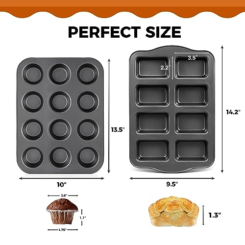 HONGBAKE Nonstick Muffin Pan 12 Cup and Mini Loaf Pans 8 Cavity Cupcake Tin for Baking and Small Banana Bread Tray Grey - Image 3