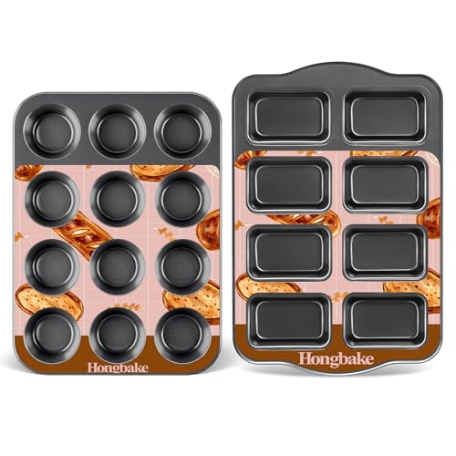 HONGBAKE Nonstick Muffin Pan 12 Cup and Mini Loaf Pans 8 Cavity Cupcake Tin for Baking and Small Banana Bread Tray Grey - Image 1