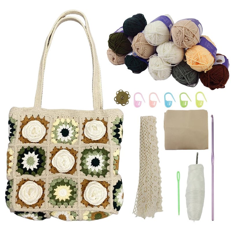 HASTHIP HASTHIP DIY Camellia Crochet Bag Material Kit with Magnetic Buckle Crochet Handbag Tote Camellia Pattern Handbag Material Kit with Yarn Crochet Hooks Lining Pouch Step by Step Tutorial 28x25cm - Image 1
