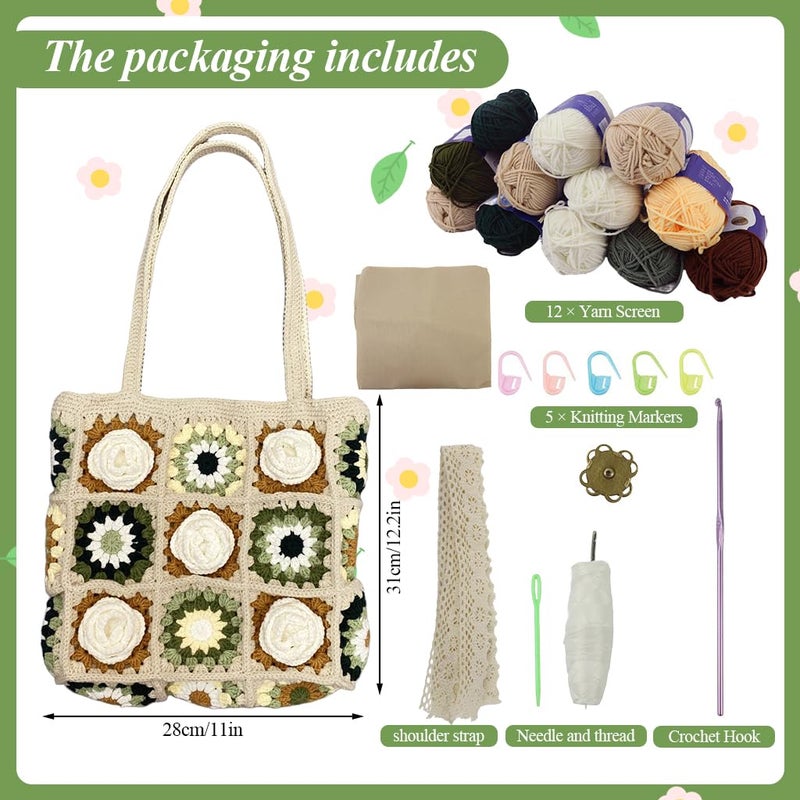 HASTHIP HASTHIP DIY Camellia Crochet Bag Material Kit with Magnetic Buckle Crochet Handbag Tote Camellia Pattern Handbag Material Kit with Yarn Crochet Hooks Lining Pouch Step by Step Tutorial 28x25cm - Image 4