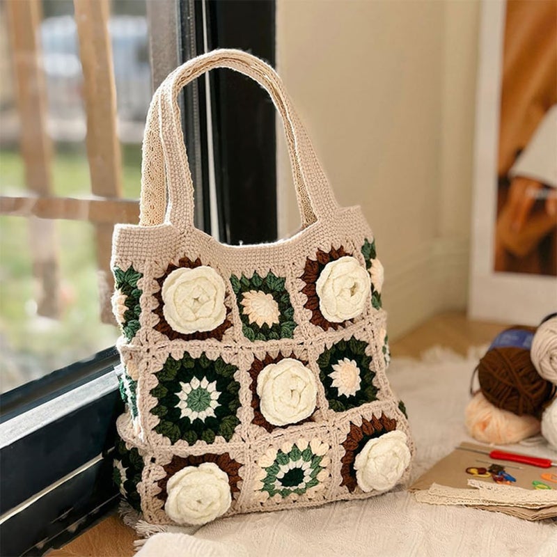HASTHIP HASTHIP DIY Camellia Crochet Bag Material Kit with Magnetic Buckle Crochet Handbag Tote Camellia Pattern Handbag Material Kit with Yarn Crochet Hooks Lining Pouch Step by Step Tutorial 28x25cm - Image 3