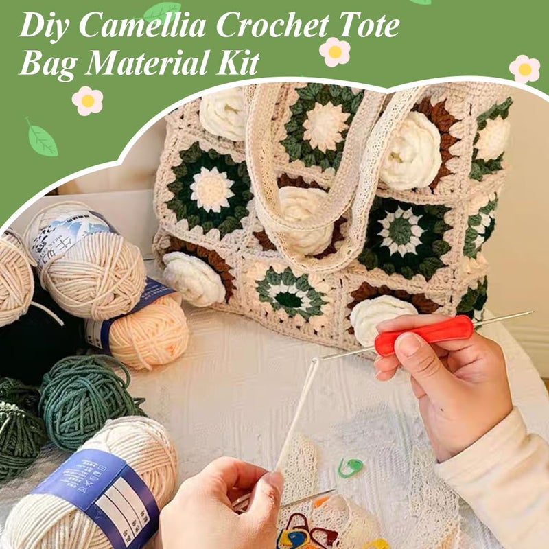 HASTHIP HASTHIP DIY Camellia Crochet Bag Material Kit with Magnetic Buckle Crochet Handbag Tote Camellia Pattern Handbag Material Kit with Yarn Crochet Hooks Lining Pouch Step by Step Tutorial 28x25cm - Image 2