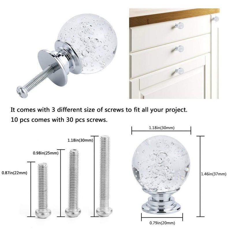 Ieik 10 Pcs Crystal Cabinet Knobs Round Glass Bubbles Knobs Smooth Drawer Pulls Handle For Home  Cabinet  Drawer And Dresser With 3 Different Size Screws  30Mm (Transparent) - Image 4