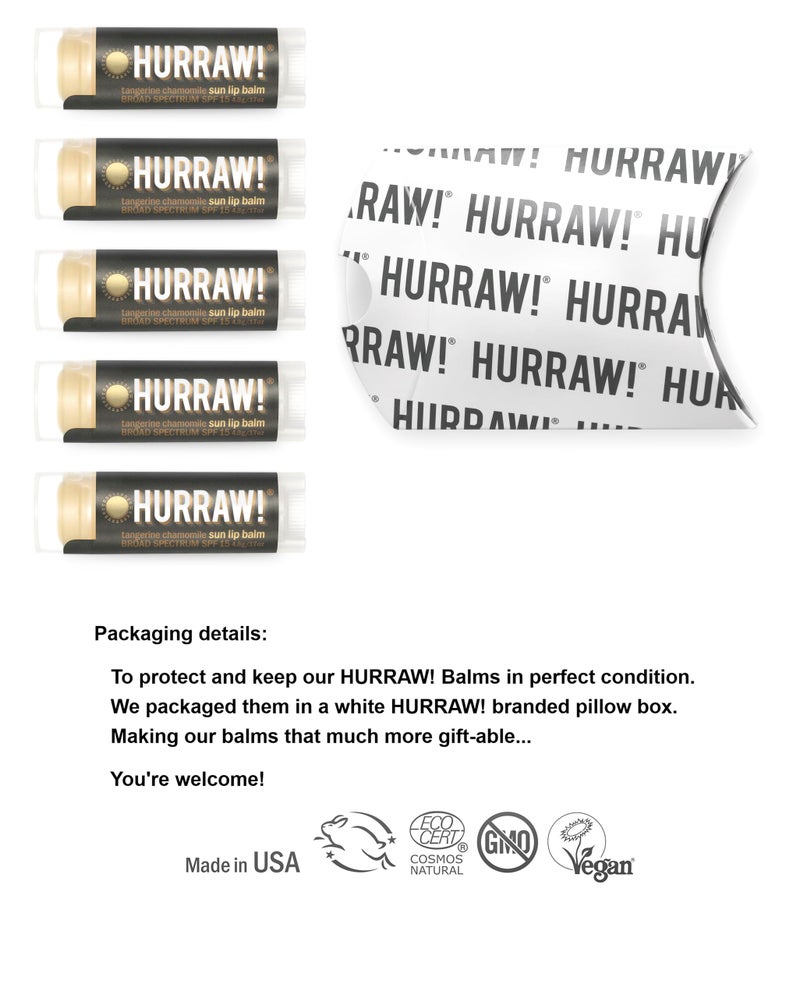 Hurraw! Sun Lip Balm (Zinc Oxide Protection, Broad Spectrum SPF 15, Tangerine, Chamomile), 5 Pack: Organic, Certified Vegan, Gluten Free. Non-GMO, All-Natural. Bee, Shea, Soy & Palm Free. Made in USA - Image 2