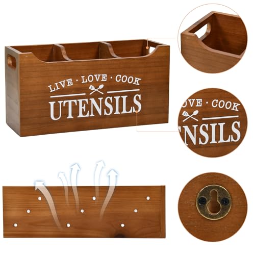 Karisky Kitchen Utensil Holder with Drainage Bottom, Large 3 Compartments Solid Real Wood Utensil Organizer for Kitchen Counter, Farmhouse Cooking Tools Storage for Countertop, Brown - Image 5