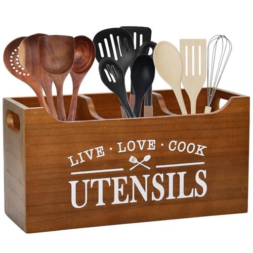 Karisky Kitchen Utensil Holder with Drainage Bottom, Large 3 Compartments Solid Real Wood Utensil Organizer for Kitchen Counter, Farmhouse Cooking Tools Storage for Countertop, Brown - Image 1