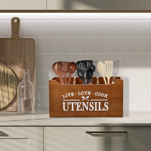 Karisky Kitchen Utensil Holder with Drainage Bottom, Large 3 Compartments Solid Real Wood Utensil Organizer for Kitchen Counter, Farmhouse Cooking Tools Storage for Countertop, Brown - Image 2