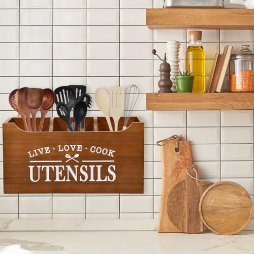 Karisky Kitchen Utensil Holder with Drainage Bottom, Large 3 Compartments Solid Real Wood Utensil Organizer for Kitchen Counter, Farmhouse Cooking Tools Storage for Countertop, Brown - Image 3
