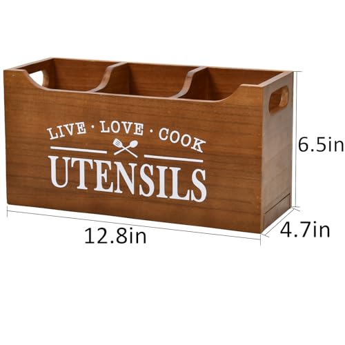 Karisky Kitchen Utensil Holder with Drainage Bottom, Large 3 Compartments Solid Real Wood Utensil Organizer for Kitchen Counter, Farmhouse Cooking Tools Storage for Countertop, Brown - Image 4