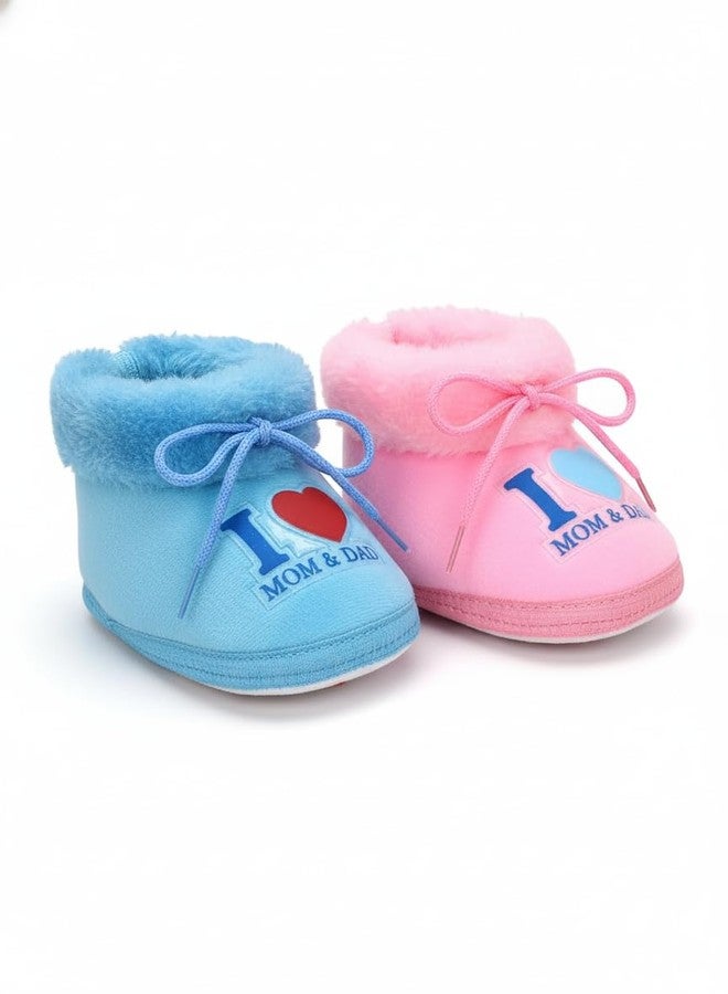 PureSole Baby Girl Party Booties - Soft Baby Girl Shoes with Bow | Non-Slip Crib Shoes for Newborns & Infants | Cute Pre-Walker Shoes for 0-12 Months | Stylish Booties (Blue & Pink) - Image 1
