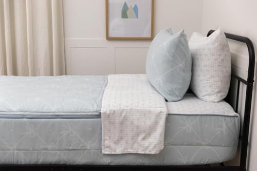 Beddy's Bow & Ribbon Themed Durable Zipper Bedding for Kids, Bed in a Bag, Baby Blue Comforter & White Pinstripe Sheets, Includes Pillowcase & Pillow Sham, Easy to Make & Wash - Image 1