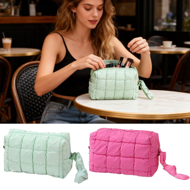 Green Quilted Cosmetic Bag Reusable Travel Organizer Toiletry Makeup Storage Holder - Image 5