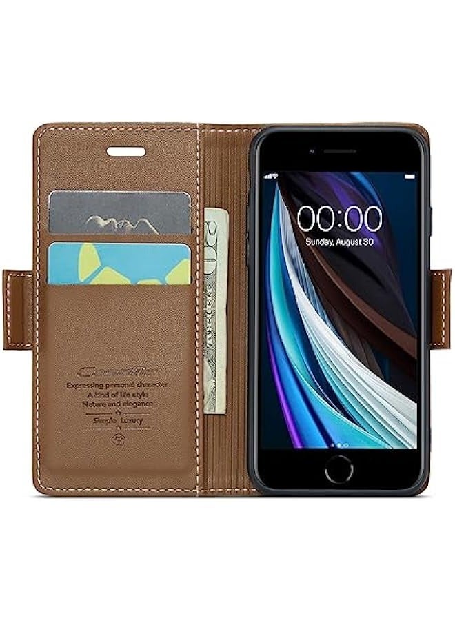 حافظة جلدية متينة لهواتف iPhone 6\/7\/8\/SE2\/SE3 مع تقنية RFID وحامل بطاقات للرجال والنساء، مقاومة للصدمات وتغطية قابلة للطي (بني) - مع قاعدة للوقوف وإغلاق مغناطيسي - Image 2