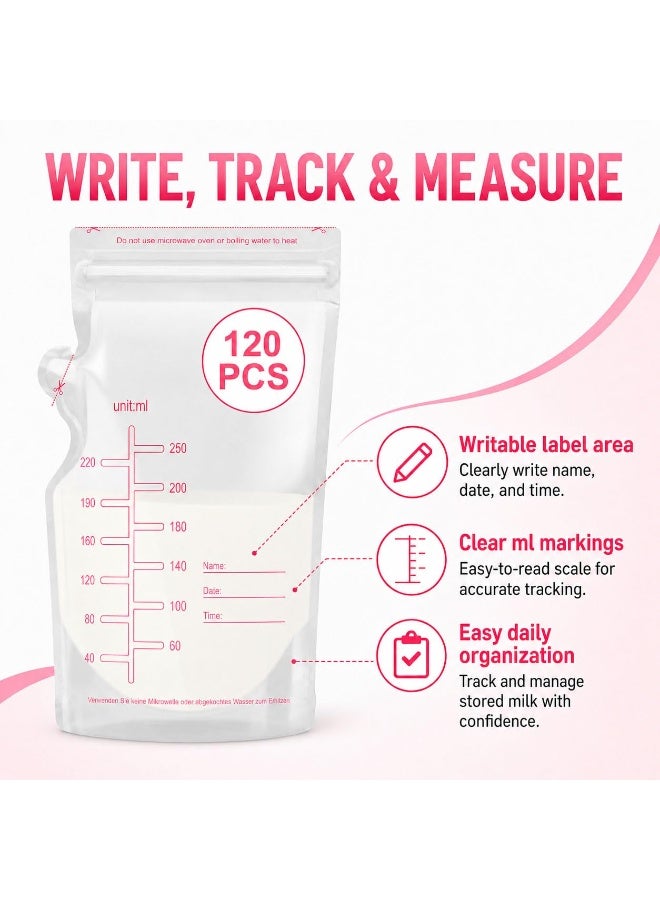 120PCS Breastmilk Storage Bags, 250ml Self‑Standing No‑Leak Milk Freezer Bag with Pour Spout, Pre‑Sterilized BPA‑Free Write‑On Breast Milk Bags - Image 5