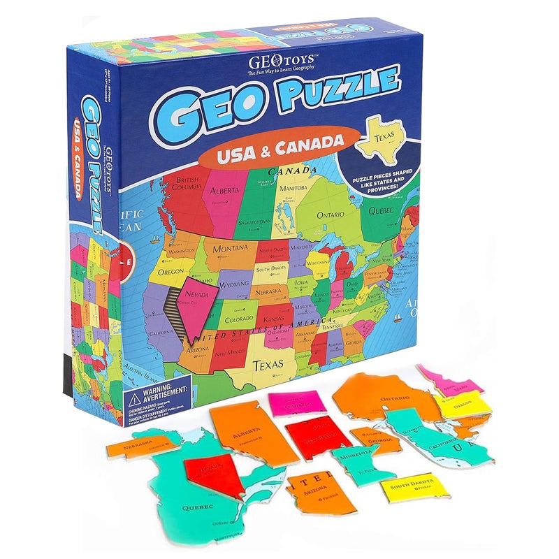 GeoToys GeoPuzzle, USA & Canada Shaped Jigsaw Puzzles, 69 Pc Geography Puzzle, Geography Game, Map Puzzle - Jigsaw Puzzles for Kids Ages 6-9 Years Old, Stocking Stuffers for Kids - Image 1