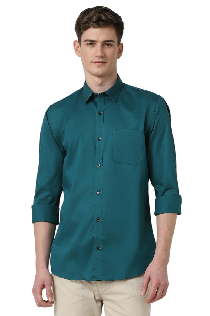 Peter England Men's Solid Slim Fit Full Sleeve Casual Shirt|100% Cotton Teal - Image 1