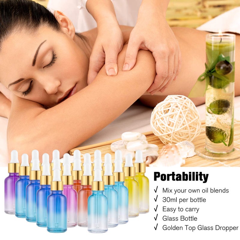 PrettyCare Glass Eye Dropper Bottles 24 Pack, 1oz (30ml) Rainbow Empty Thick Bottles Bulk with Leakproof Goledn Caps - With Labels & Funnels for Storage, Travel, Essential Oils, Cuticle, Tinctures - Image 2