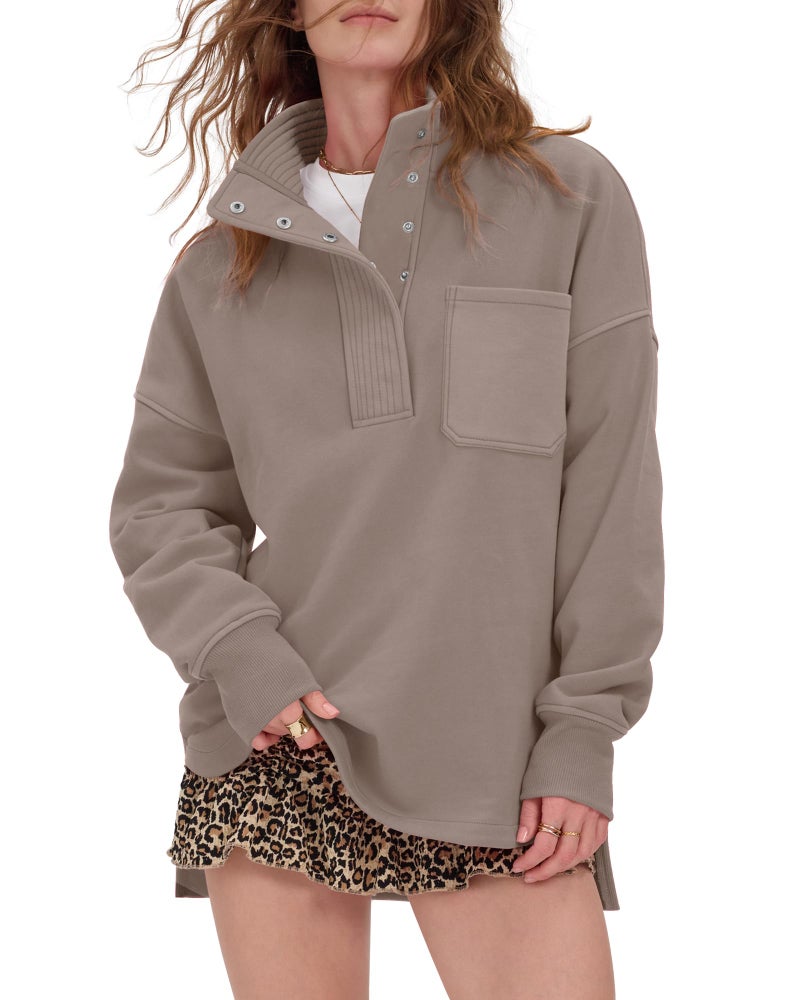 Locachy Womens Casual Oversized Sweatshirt Long Sleeve Button Henley Neck Pullover Tops Fashion Outfits Clothes Coffee Grey XL - Image 1