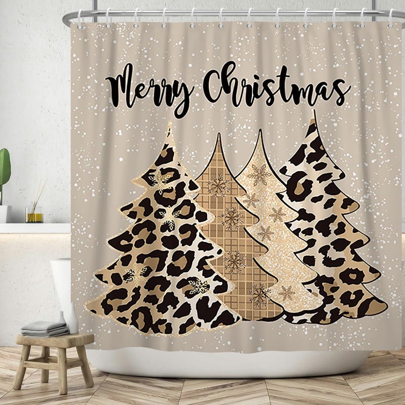 Leowefowa Leopard Christmas Tree Shower Curtain Winter Pine Tree Snowflake Shower Curtain for Holiday Farmhouse Bathtub Bathroom Decor 72x72 Inch Waterproof Polyester Fabric with Hooks - Image 2