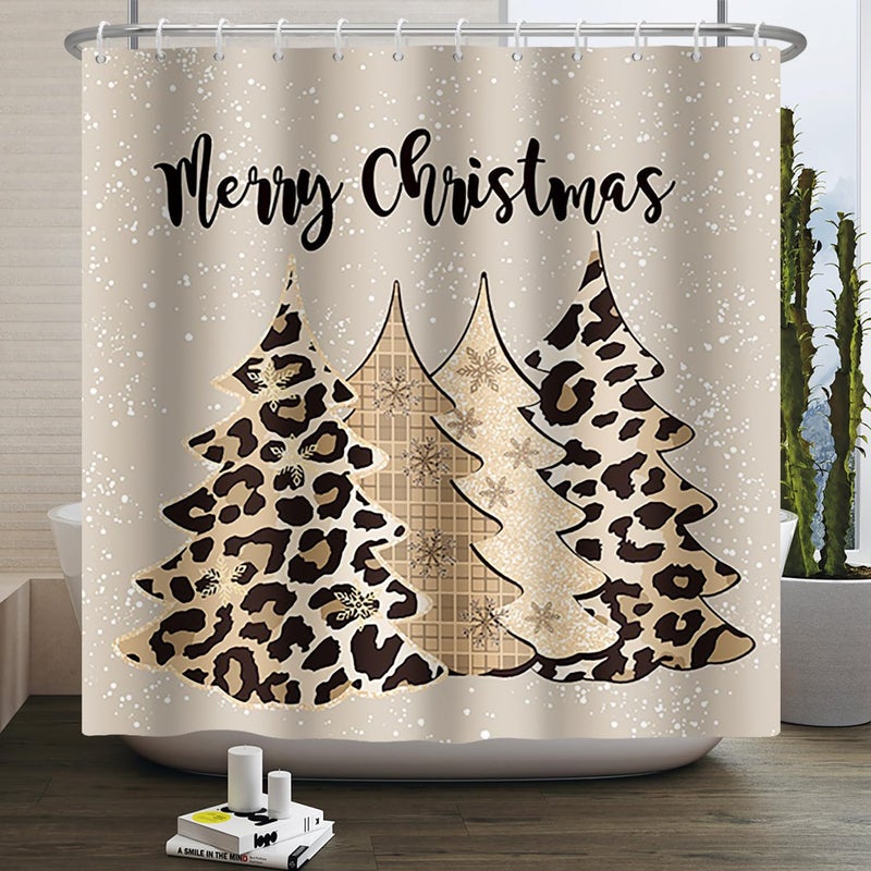 Leowefowa Leopard Christmas Tree Shower Curtain Winter Pine Tree Snowflake Shower Curtain for Holiday Farmhouse Bathtub Bathroom Decor 72x72 Inch Waterproof Polyester Fabric with Hooks - Image 4