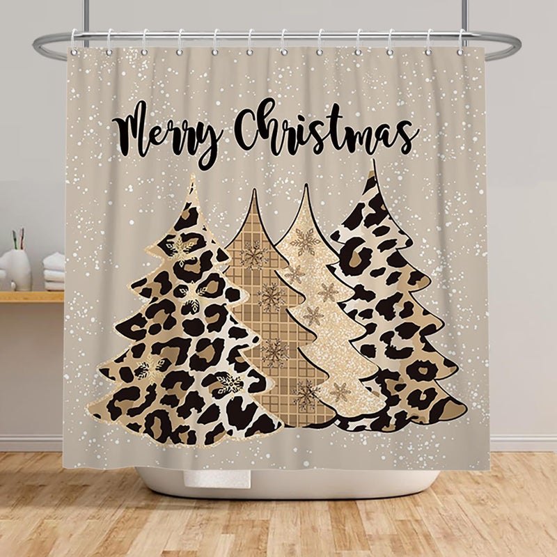 Leowefowa Leopard Christmas Tree Shower Curtain Winter Pine Tree Snowflake Shower Curtain for Holiday Farmhouse Bathtub Bathroom Decor 72x72 Inch Waterproof Polyester Fabric with Hooks - Image 3