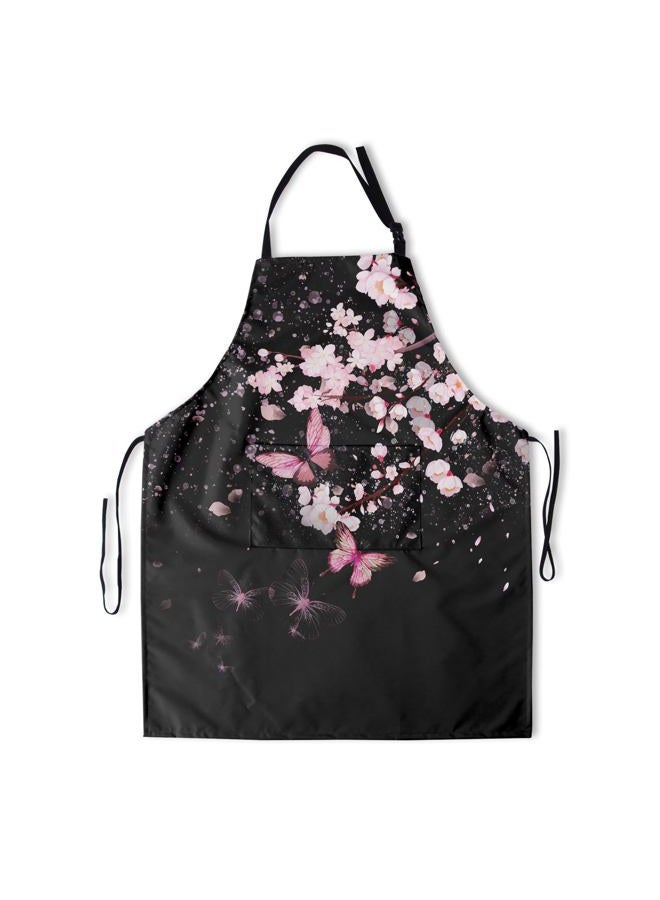 DZGlobal Cherry Blossom Apron with Pockets - Pink Flowers Black Cooking Aprons Adjustable Kitchen Bib for Men Women Chef Gardening Baking - Image 1