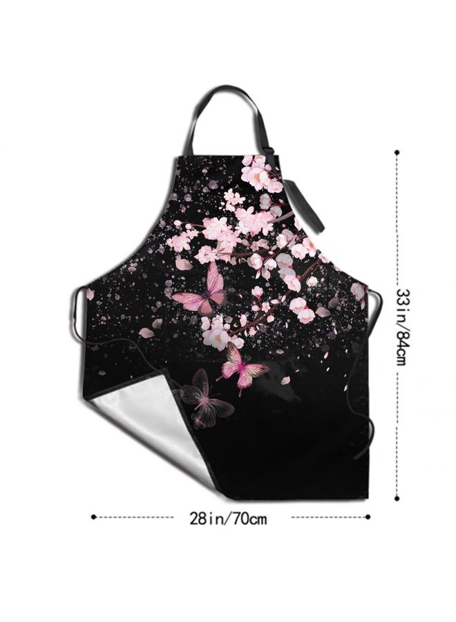 DZGlobal Cherry Blossom Apron with Pockets - Pink Flowers Black Cooking Aprons Adjustable Kitchen Bib for Men Women Chef Gardening Baking - Image 4