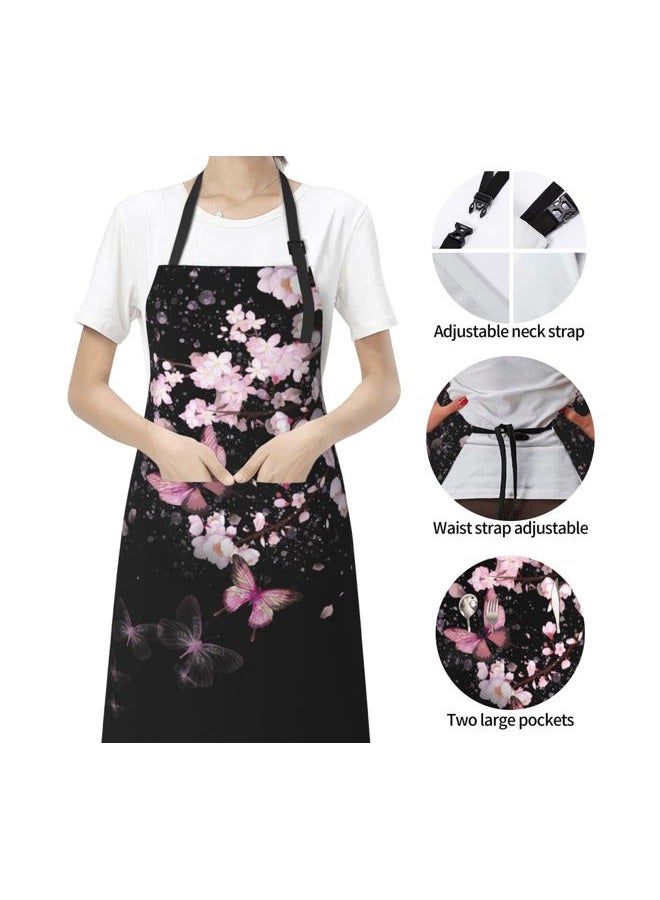 DZGlobal Cherry Blossom Apron with Pockets - Pink Flowers Black Cooking Aprons Adjustable Kitchen Bib for Men Women Chef Gardening Baking - Image 3