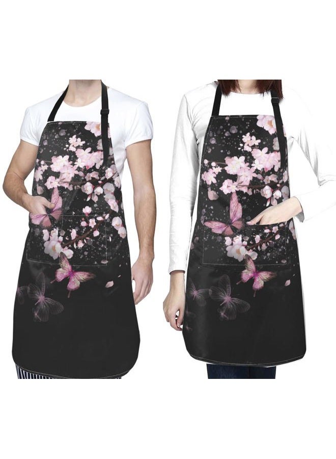 DZGlobal Cherry Blossom Apron with Pockets - Pink Flowers Black Cooking Aprons Adjustable Kitchen Bib for Men Women Chef Gardening Baking - Image 2