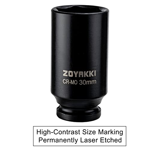 ZOYAKKI زوياكي 1/2" درايف × 30 مم عمق 6 PT تأثير صمولة، CR-MO، 1/2 بوصة درايف 6 نقطة صمولة محور لإزالة سهلة لصواميل محور العمود (30 مم) - Image 5