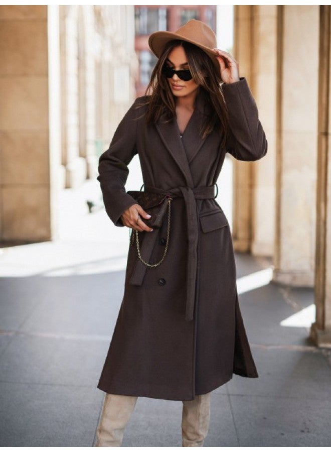 Women's Clothing Fashion Solid Color Lace-up Waist Double-breasted Woolen Coat Woolen Coat Women's Fashion