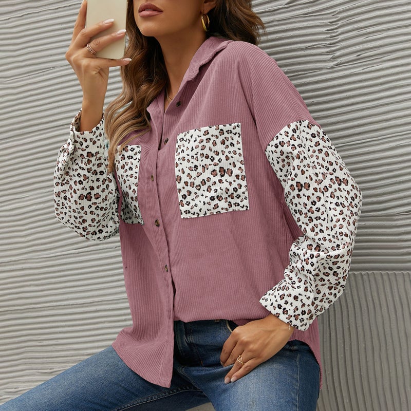 Oversized Shirt Coat: 100% Polyester Pink Medium - Corduroy Leopard Print Splicing Loose Dropped Shoulder Long Sleeve for Fall Casual Wear - Image 5