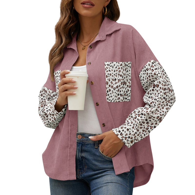Oversized Shirt Coat: 100% Polyester Pink Medium - Corduroy Leopard Print Splicing Loose Dropped Shoulder Long Sleeve for Fall Casual Wear - Image 1