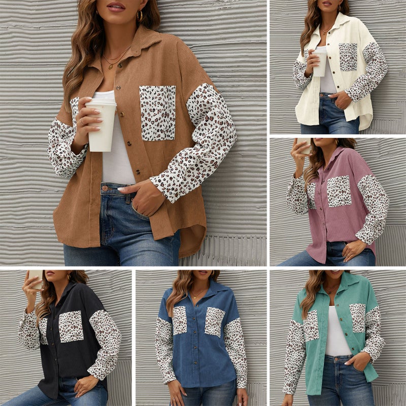 Oversized Shirt Coat: 100% Polyester Pink Medium - Corduroy Leopard Print Splicing Loose Dropped Shoulder Long Sleeve for Fall Casual Wear - Image 4